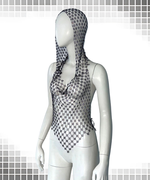 Sexy mesh camisole with rhinestone hoodie top