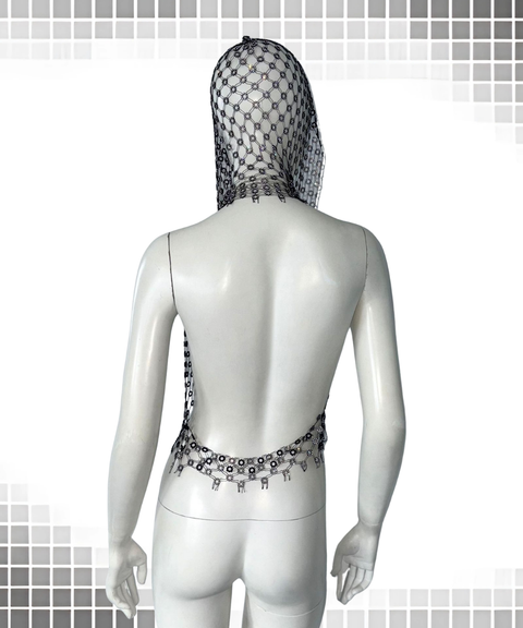 Sexy mesh camisole with rhinestone hoodie top