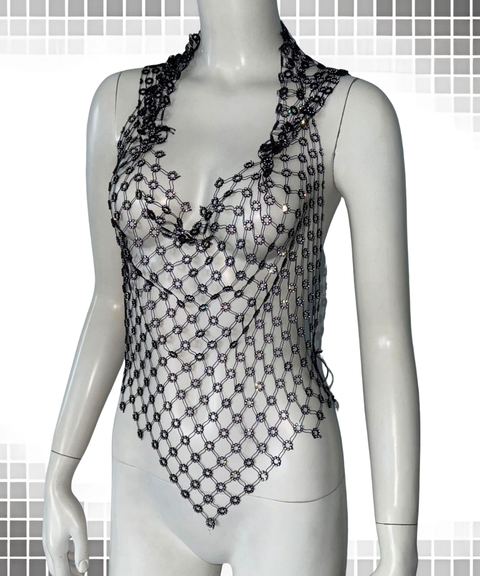 Sexy mesh camisole with rhinestone hoodie top