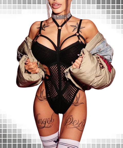 Sexy large mesh patchwork bodysuit