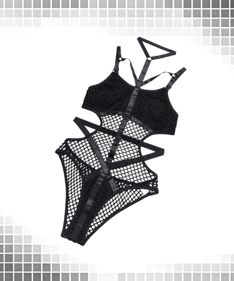 Sexy large mesh patchwork bodysuit