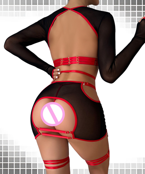 Sexy strappy long-sleeved top with leg rings five-piece set