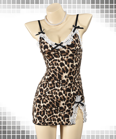 Sexy leopard print lace-up suspender dress