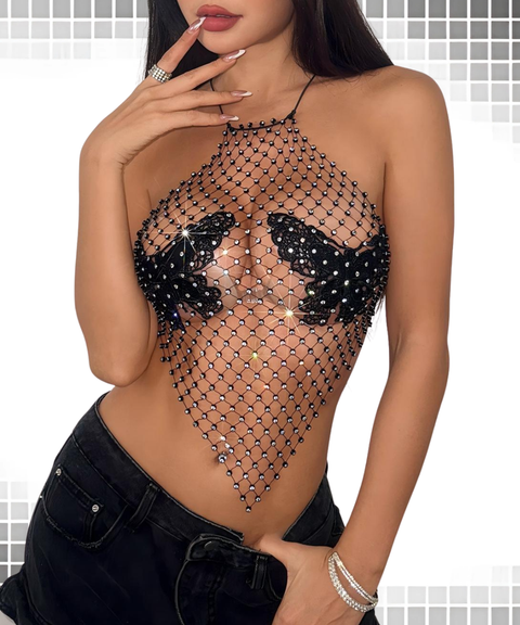 Sexy Fishnet Rhinestone Camisole Top