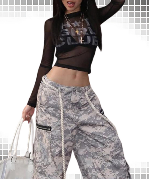 Round-Neck Mesh Crop Printed T-Shirt