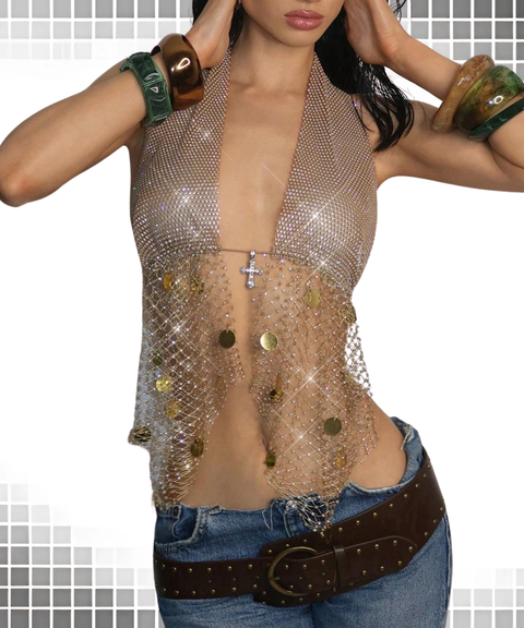 Fishnet sequined rhinestone camisole