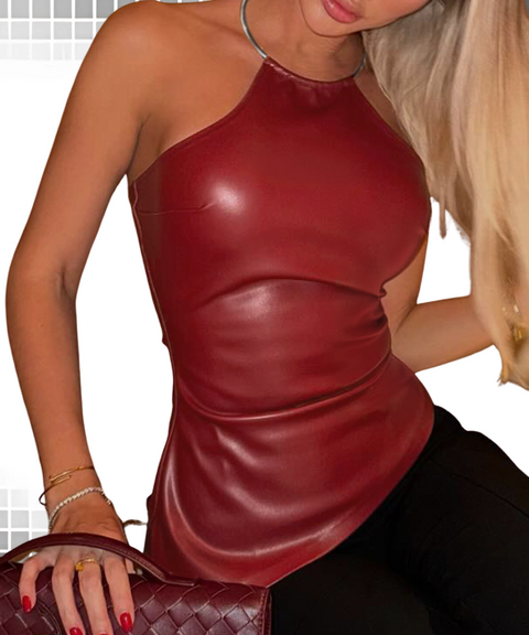 Metal Collar Halter Sleeveless Leather Vest