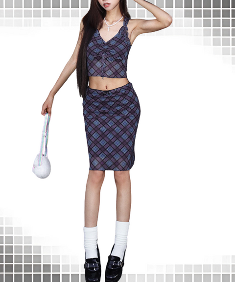 Vest plaid skirt set