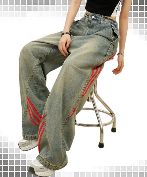 Loose fit scimitar striped washed jeans