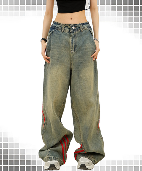 Loose fit scimitar striped washed jeans