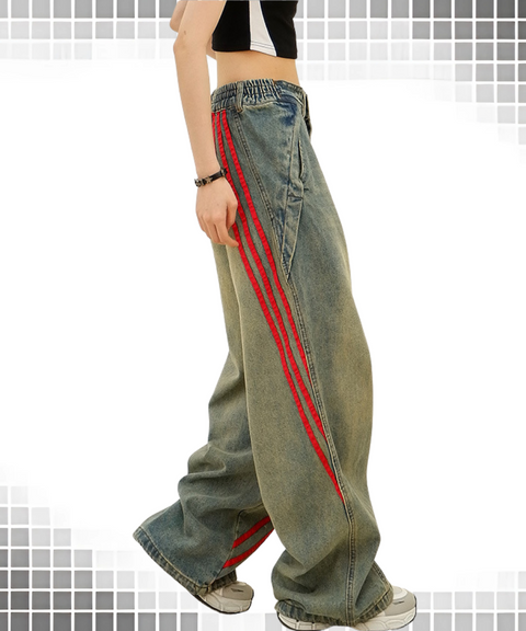 Loose fit scimitar striped washed jeans
