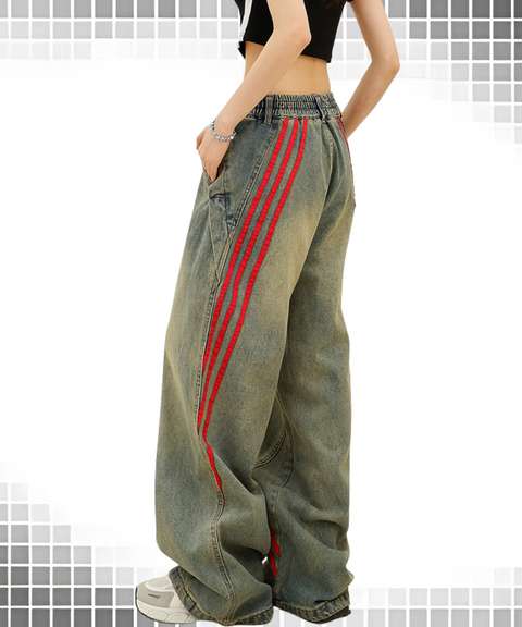 Loose fit scimitar striped washed jeans
