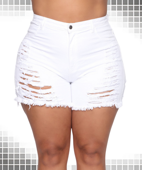 Plus High elastic hole denim shorts
