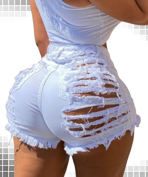 Plus High elastic hole denim shorts