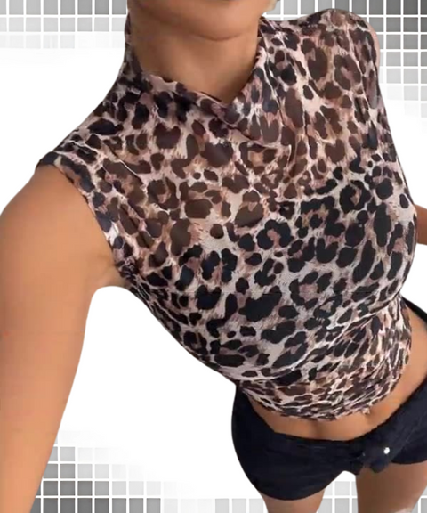 Sleeveless Leopard Print Stand-Up Collar T-Shirt