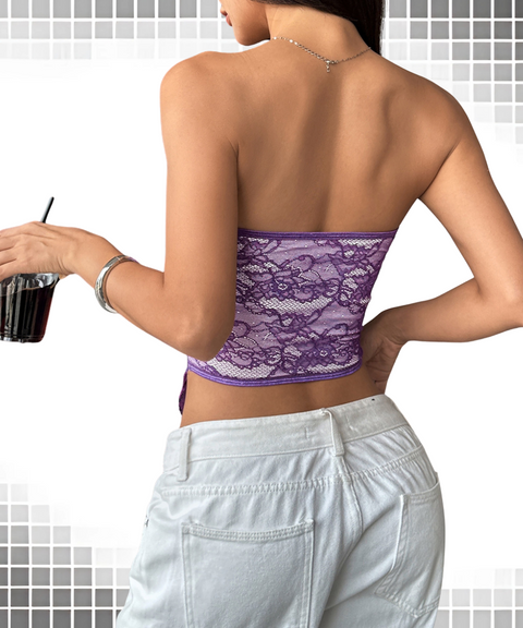 Lace Trim Low-Cut Buttoned Tube Top