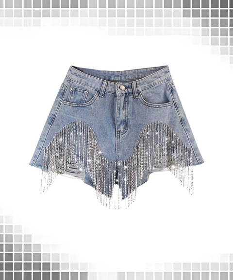 Women's Sexy Clothing, Tassel chain ripped denim shorts, Nightout, OOTD