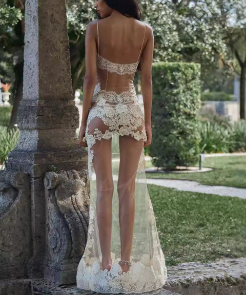 Mesh Embroidered Suspender Long Skirt