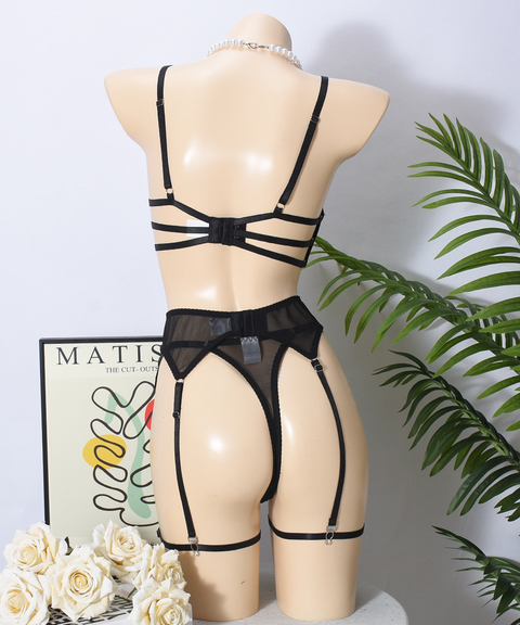 Women's Sexy Clothing, Mesh sexy heart-shaped rhinestone lingerie 3-piece set, Nightout, OOTD