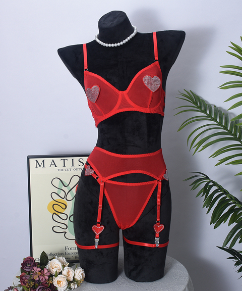 Women's Sexy Clothing, Mesh sexy heart-shaped rhinestone lingerie 3-piece set, Nightout, OOTD