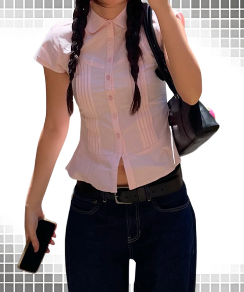 Solid Color Zip-Waist Pleated College Blouse