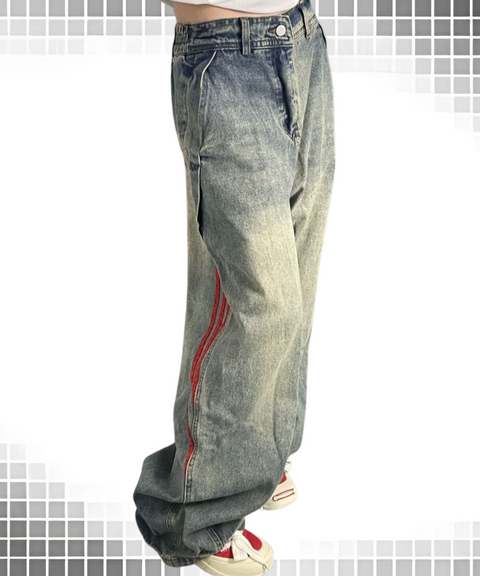 Loose fit scimitar striped washed jeans