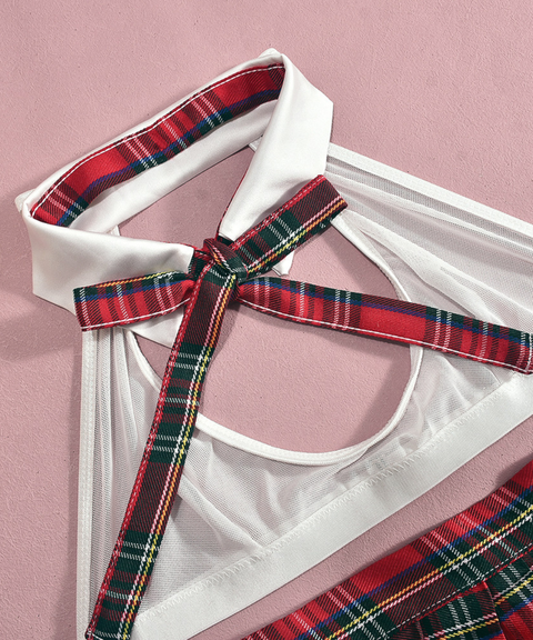 Women's Sexy Clothing, Plaid pleated skirt lingerie multi-piece set