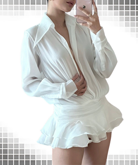 Lapel-neck Flared Sleeve Dress