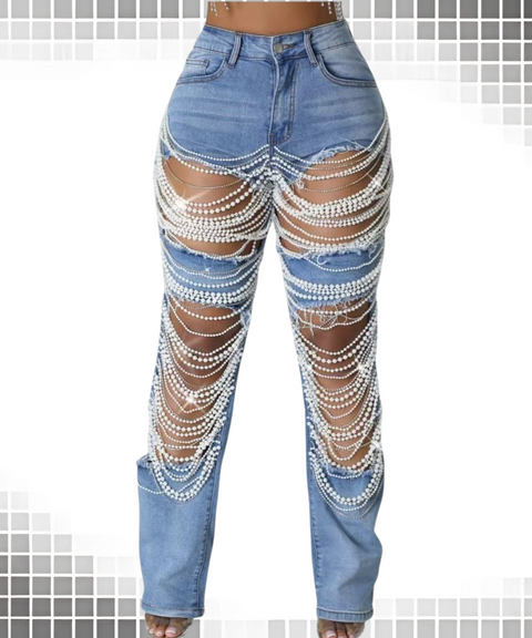 Damaged Beaded Denim Jeans