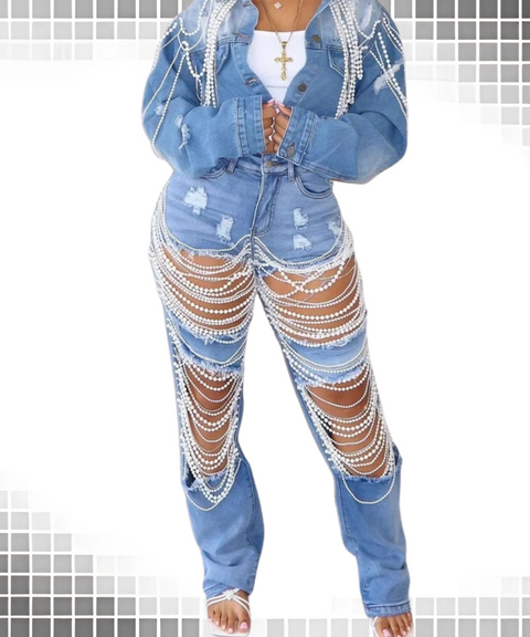 Damaged Beaded Denim Jeans
