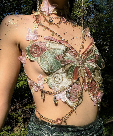 Embroidered butterfly metal charm vest
