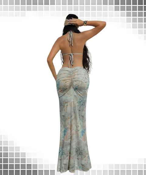 Printed Halter Twist Knot Beaded Chain Waist-Cut Ruched Bodycon Dress