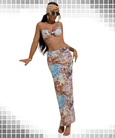 Printed Halter Twist Knot Beaded Chain Waist-Cut Ruched Bodycon Dress