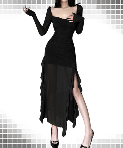 Mesh Long-sleeved Square Neck Dress