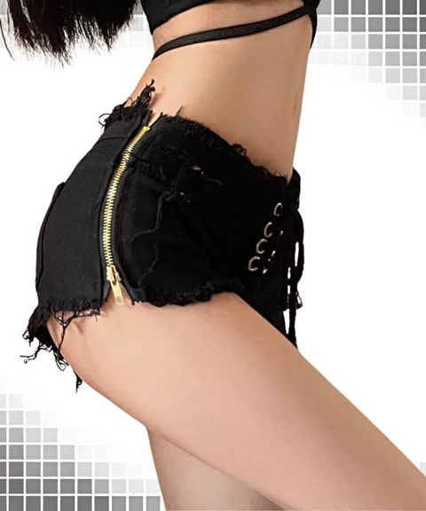 Low-Rise Zippered Distressed Denim Shorts