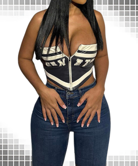 PU Leather Letter Print Zipper Vest