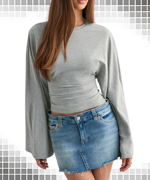Leisure Casual Long Sleeve Solid Color Waist-Defined T-Shirt