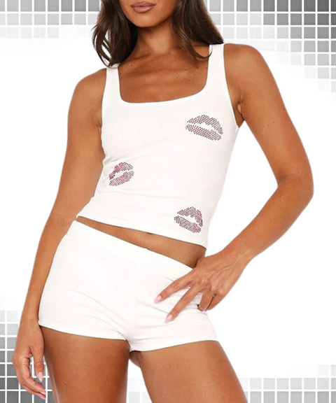 Lip Print Rhinestone Vest