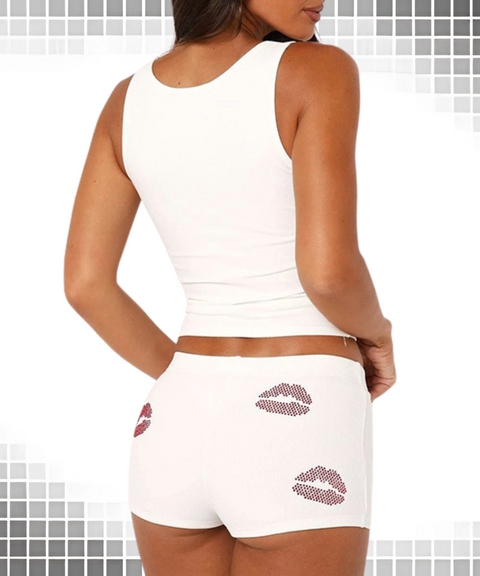 Lip Print Rhinestone Vest