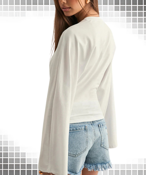 Leisure Casual Long Sleeve Solid Color Waist-Defined T-Shirt