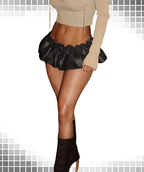 Leather Ruffled Low Waist Short Sexy Flower Bud Skirt With Shorts