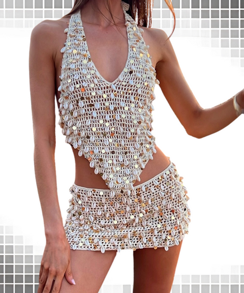Shell decoration top and skirt set