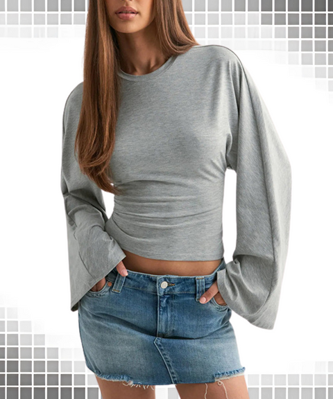 Leisure Casual Long Sleeve Solid Color Waist-Defined T-Shirt