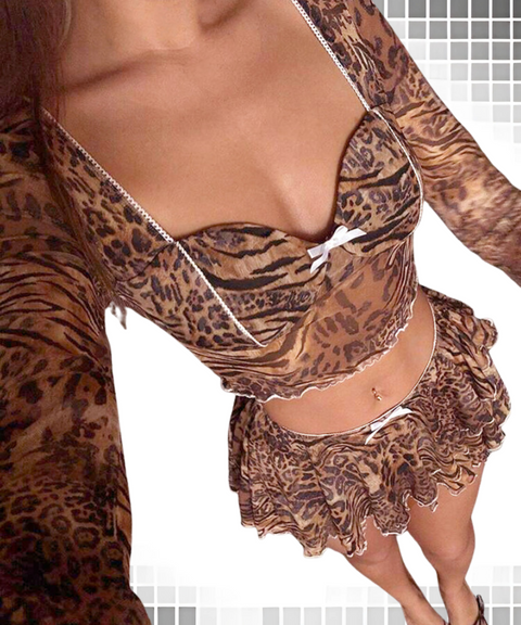 Leopard print long sleeve square neck top pleated short skirt set