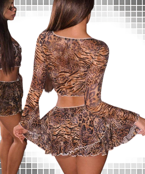 Leopard print long sleeve square neck top pleated short skirt set
