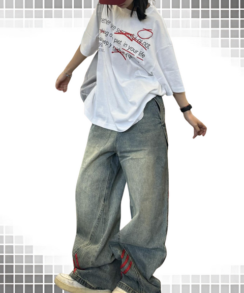 Loose fit scimitar striped washed jeans