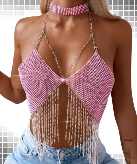 Women's Sexy Clothing, Rhinestone Mesh Tassel Chain Top, Nightout, OOTD
