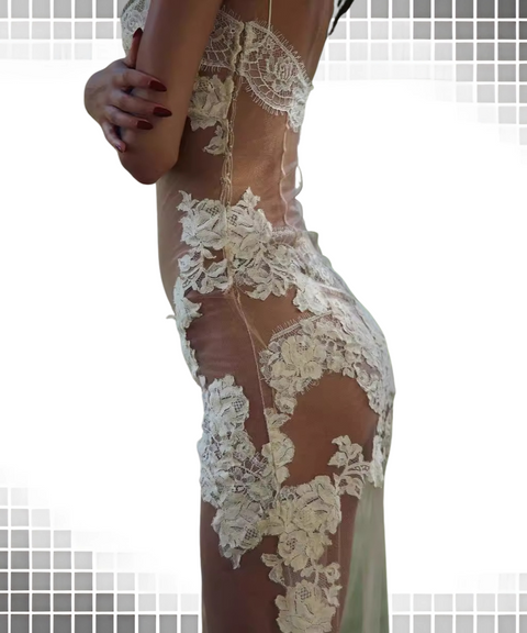 Mesh Embroidered Suspender Long Skirt