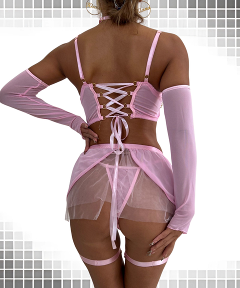 Women's Sexy Clothing, Sexy mesh skirt, top, and gloves 4-piece set