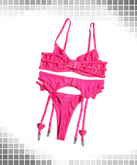 Women's Sexy Clothing, Mesh sexy heart-shaped rhinestone lingerie 3-piece set, Nightout, OOTD